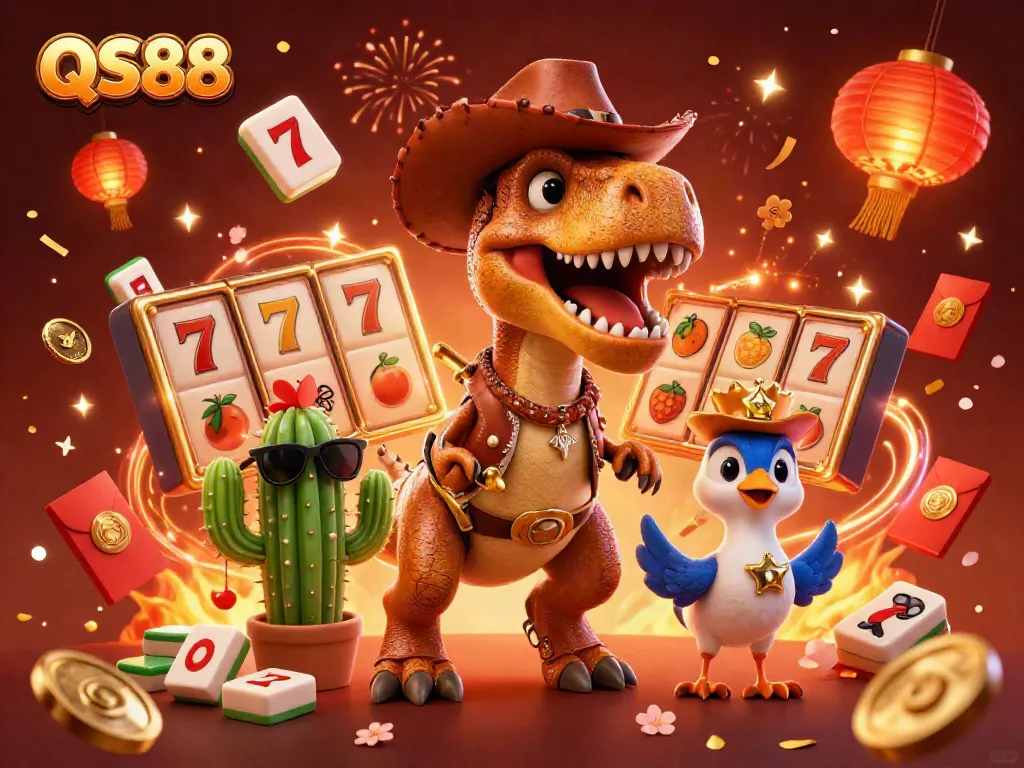Experience thrilling slots gameplay with QS88 in this vibrant casino-inspired illustration.
