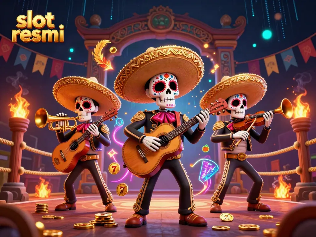 Play vibrant 'slot resmi' games with the lively skeleton mariachi band amidst coins and reels.