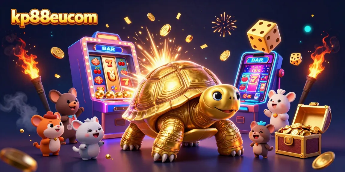 Experience the excitement of kp88eucom with a vibrant casino illustration featuring a golden tortoise and slot machine.