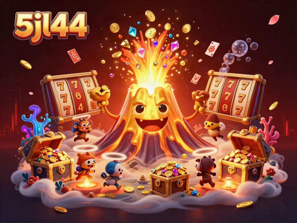 Experience thrilling wins with 5jl44 as golden treasures erupt from a volcano in this lively casino scene.