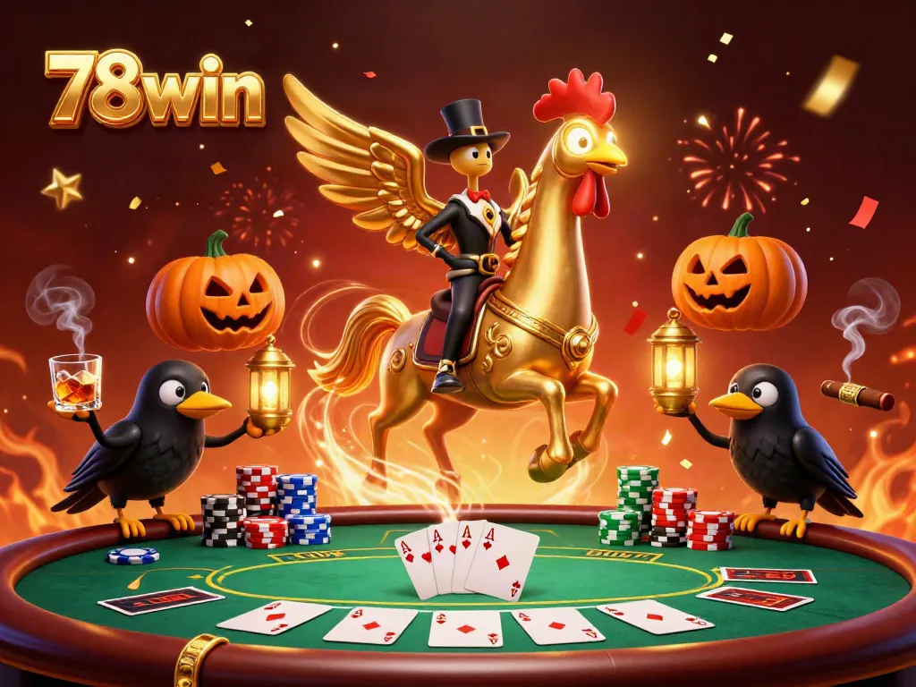Engaging 78win illustration of a golden rooster and crows in a vibrant casino atmosphere