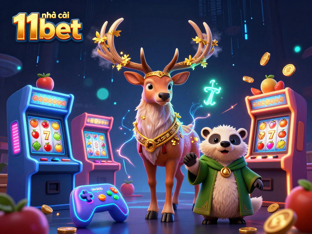 Engage with nhà cái 11bet's captivating 3D illustration featuring a Celtic druid stag and arcade slot machine.