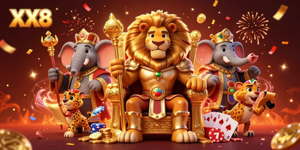 Experience the excitement of XX8 casino games featuring a lion king, elephant advisor, and cheetah messenger.