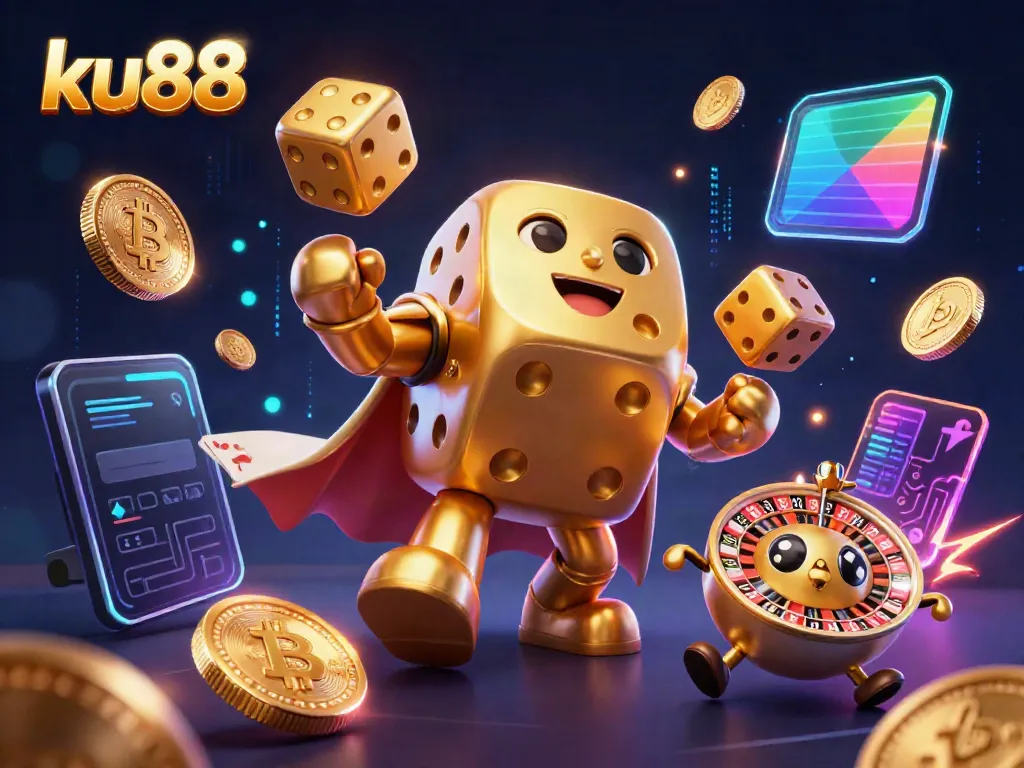 Bet on ku88 with vibrant 3D digital casino characters and crypto elements showcasing a thrilling gaming environment.