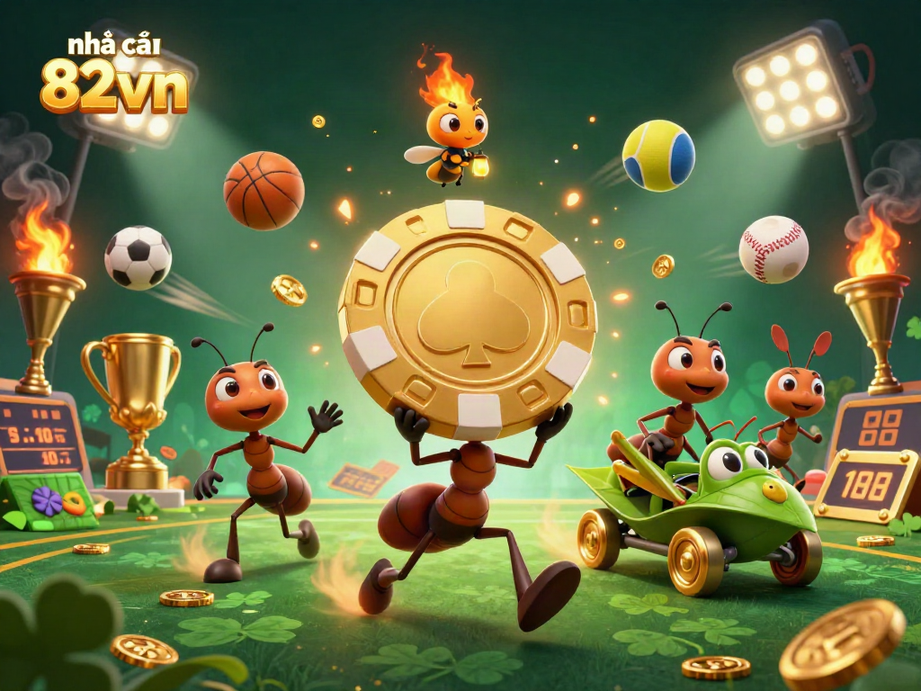 Engage with nhà cái 82vn through a thrilling 3D sports betting heist illustration featuring clever ants.