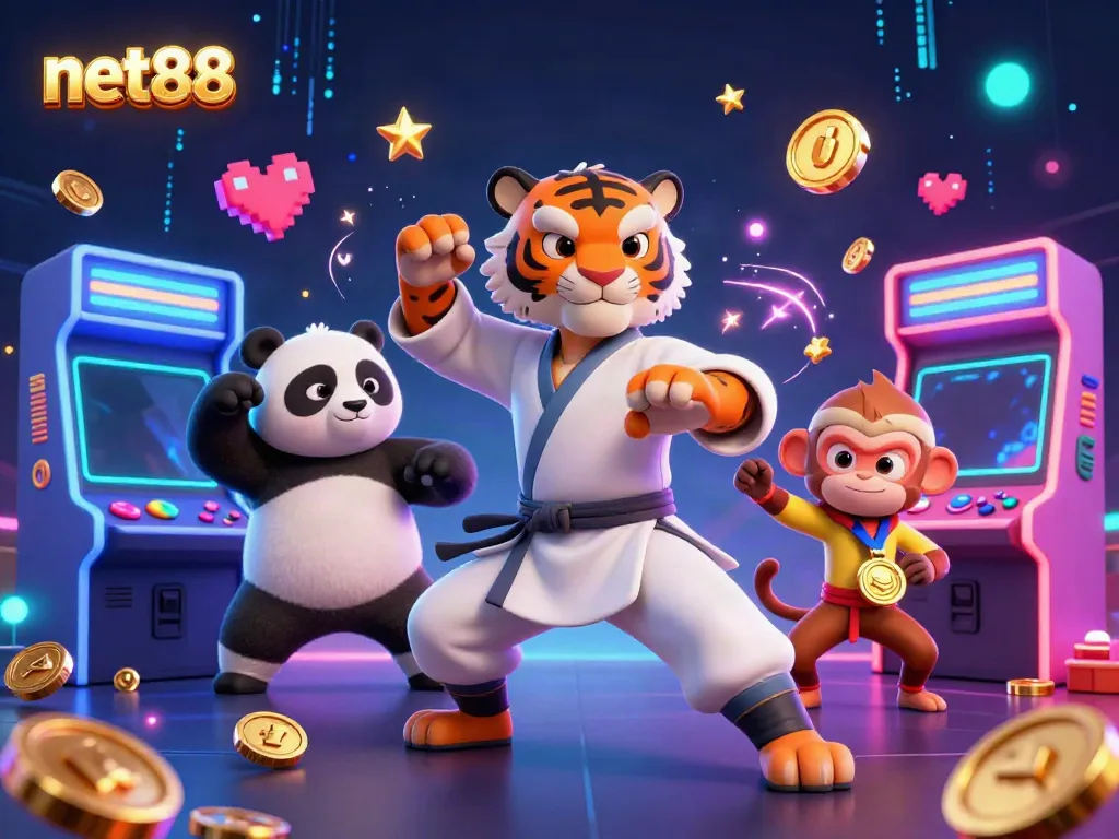 Engaging net88 cartoon scene showcasing a kung fu tiger and panda in a vibrant casino atmosphere.