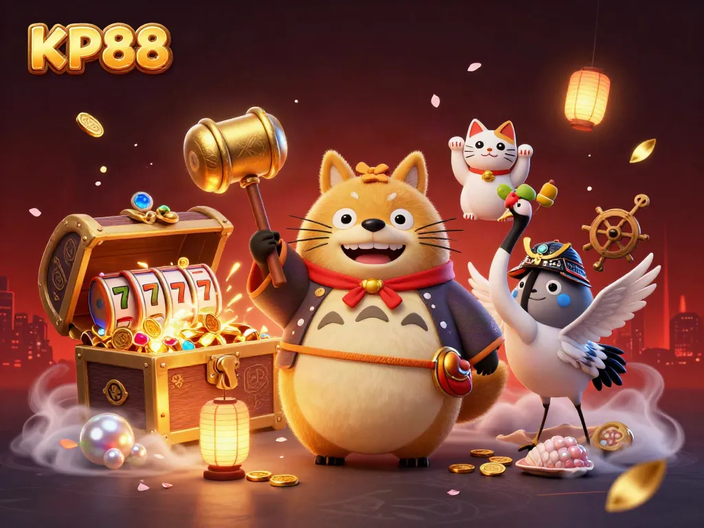 Experience the excitement of KP88 with a cheerful tanuki character and vibrant casino elements.