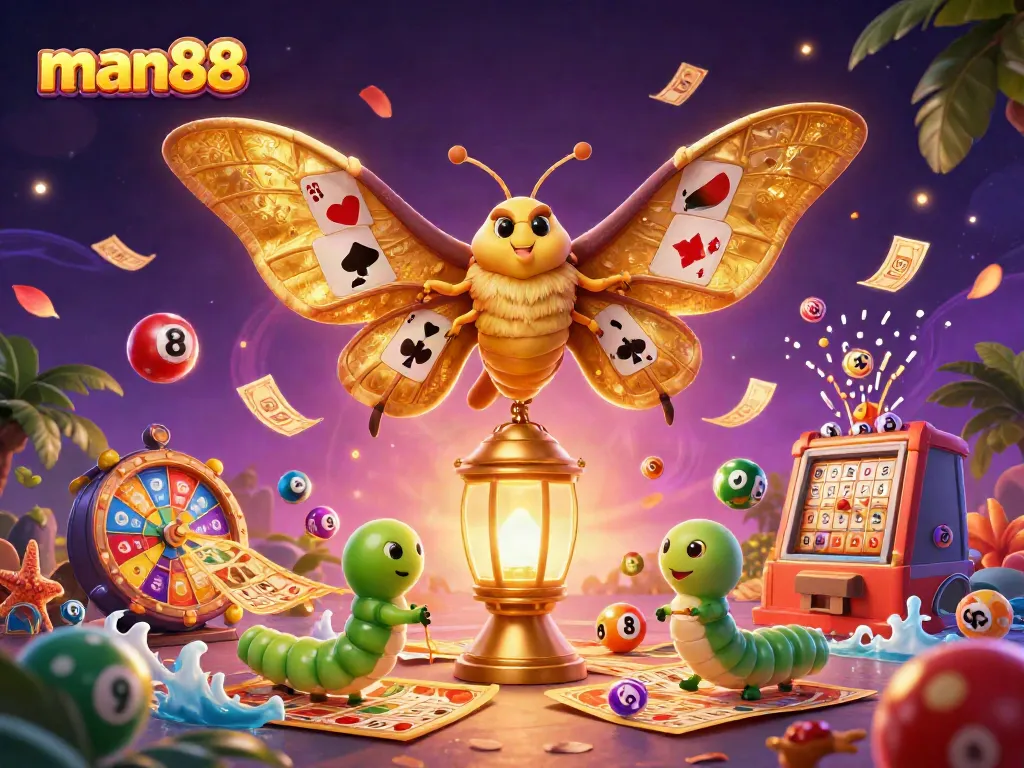 Engage with man88 through vibrant casino-themed art featuring a 3D moth and dynamic lottery elements.