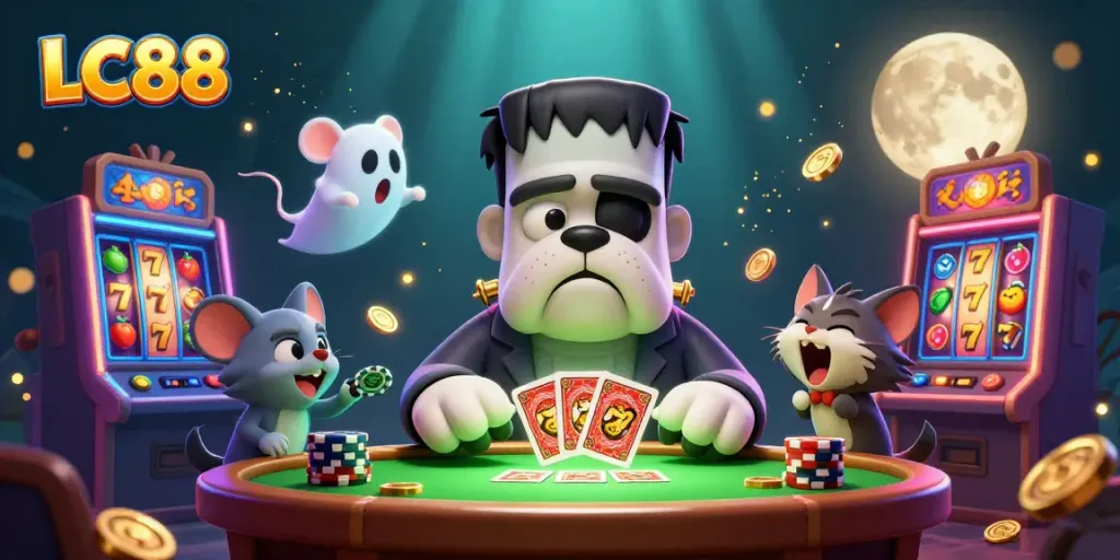 LC88 Frankenstein bulldog dealer with ghost mouse and werewolf kitten at a vibrant casino scene