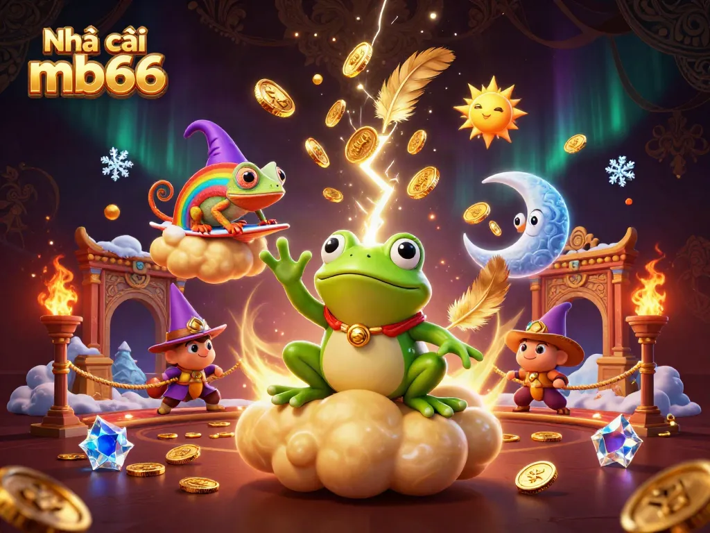 Nhà cái mb66: Engaging illustration of a vibrant online casino scene featuring gold coins and gaming elements.
