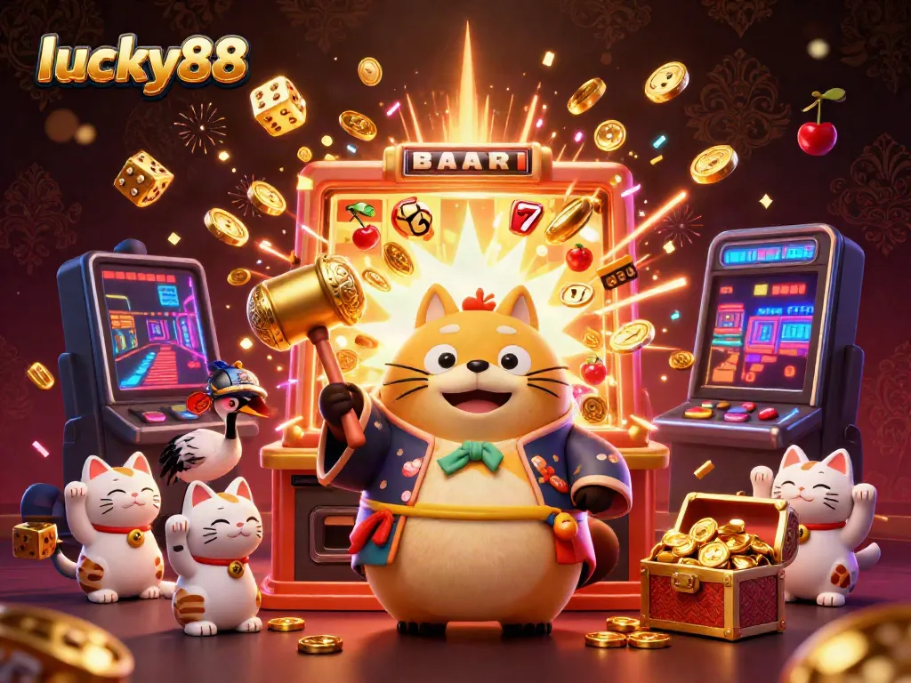 Engage with lucky88's vibrant casino scene featuring joyful tanuki, lucky symbols, and rich jackpots.