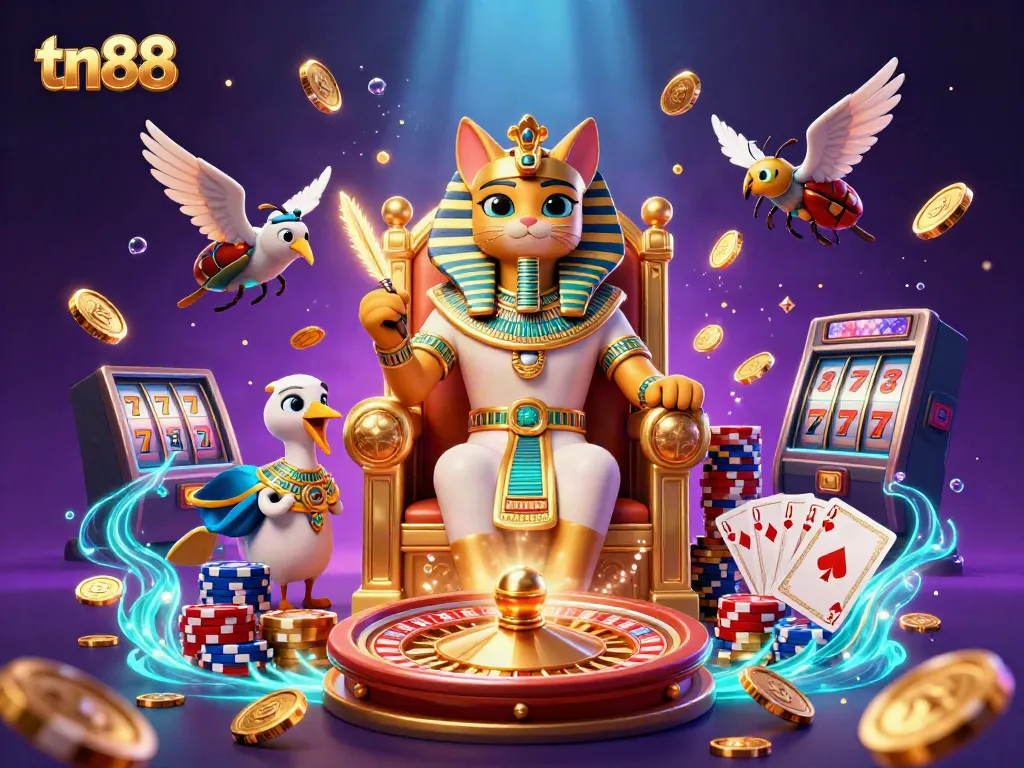 Experience tn88 thrills with a 3D pharaoh cat on a throne surrounded by casino excitement.