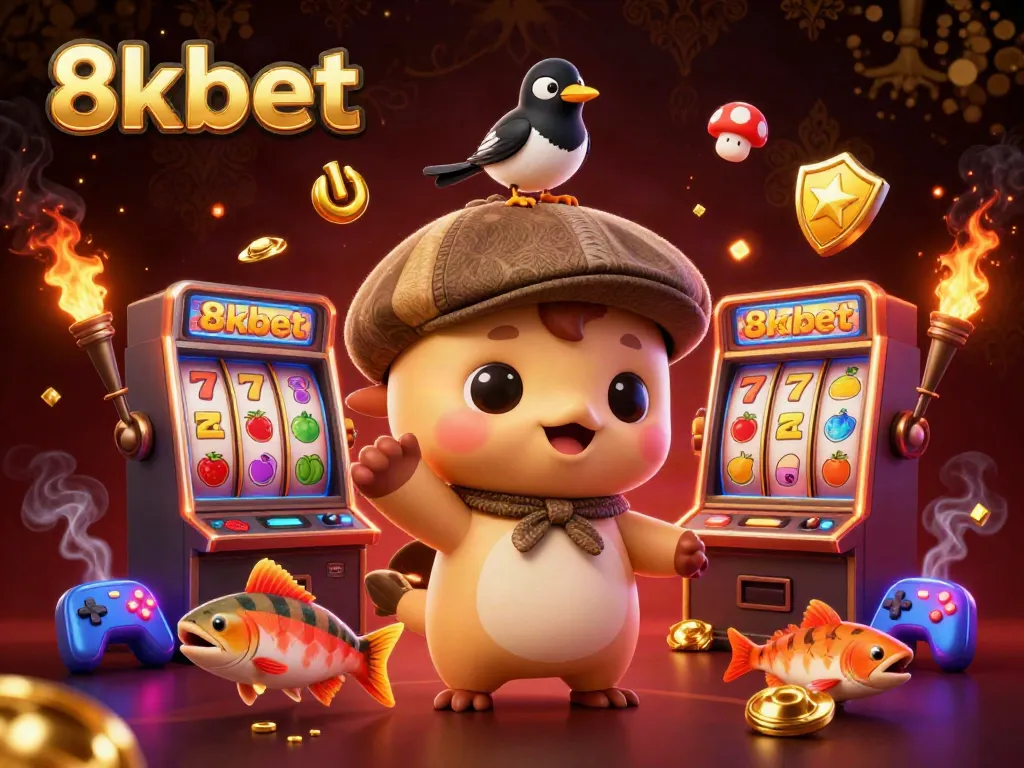 Experience exciting wins with 8xbet in this vibrant 3D casino illustration featuring cartoon characters and gaming elements.