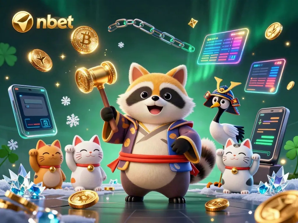 Experience thrilling nbet action in this vibrant illustration featuring a tanuki, crane, and fortune cats.