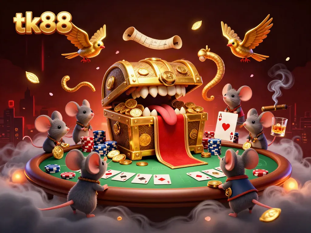 tk88's inviting treasure chest lures adventurer mice, showcasing poker excitement.