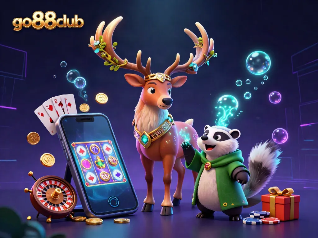 Experience the excitement of go88club through a vibrant 3D illustration showcasing a mystical stag and gaming elements.