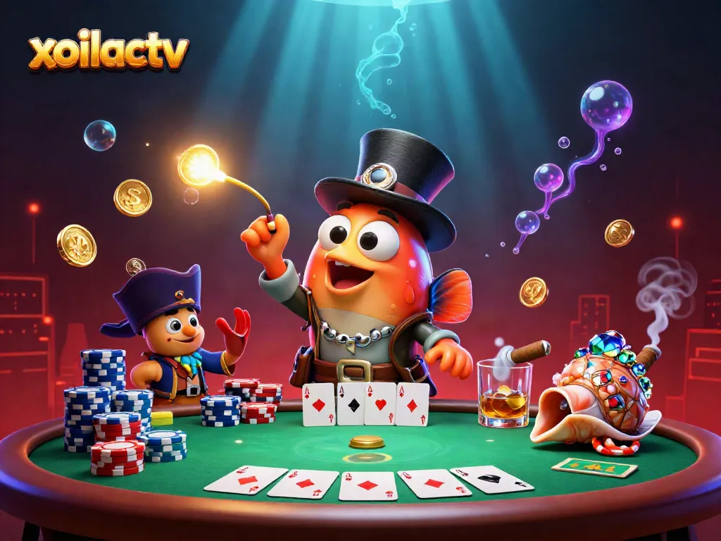 Experience excitement with xoilactv's vibrant anglerfish and treasure shrimp in a lively poker scene.