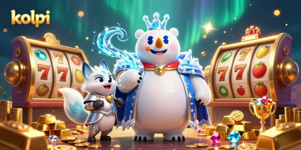 Spin the reels with kolpri-themed 3D characters amidst treasure, showcasing vibrant casino excitement.