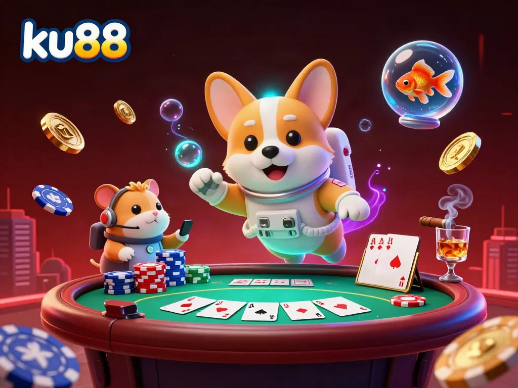 Experience excitement with ku88 in a 3D casino scene featuring an astronaut corgi and vibrant poker elements.