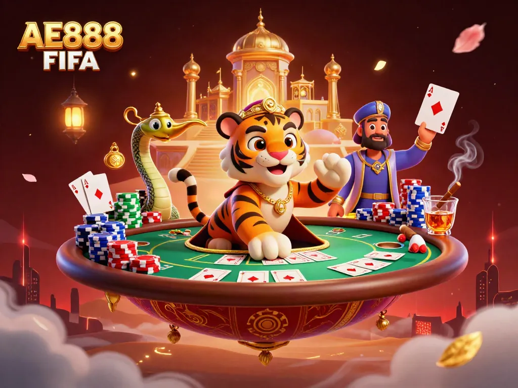 Engage with AE888 FIFA's vibrant casino world featuring a tiger sultan and magical elements.