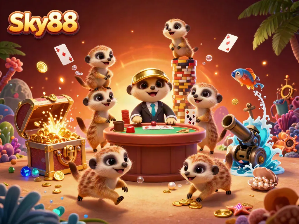 Sky88 meerkat casino scene featuring card dealers and gold treasure in dynamic action.