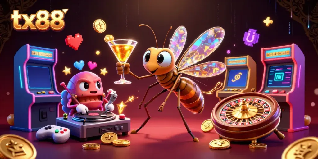 Engage with tx88 casino excitement through dynamic 3D characters, including a frozen mosquito mascot.