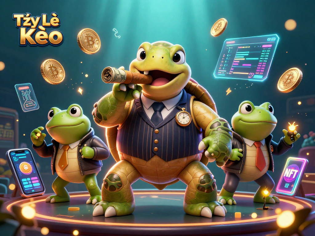 Tỷ Lệ Kèo showcases a snapping turtle in mobster attire among casino elements in a vibrant illustration.