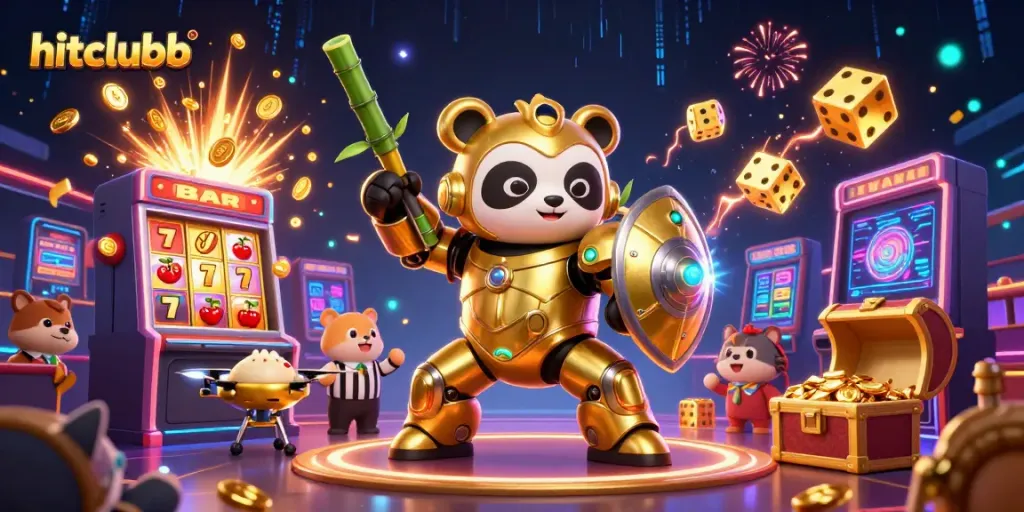 Win big at hitclubb with a dynamic scene featuring a golden panda mech, jackpot slot machines, and energetic casino action.