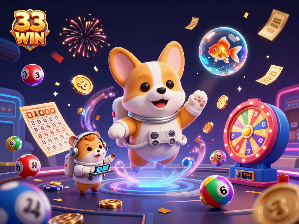 Join the fun with 33 WIN as the astronaut corgi navigates a vibrant casino in space!