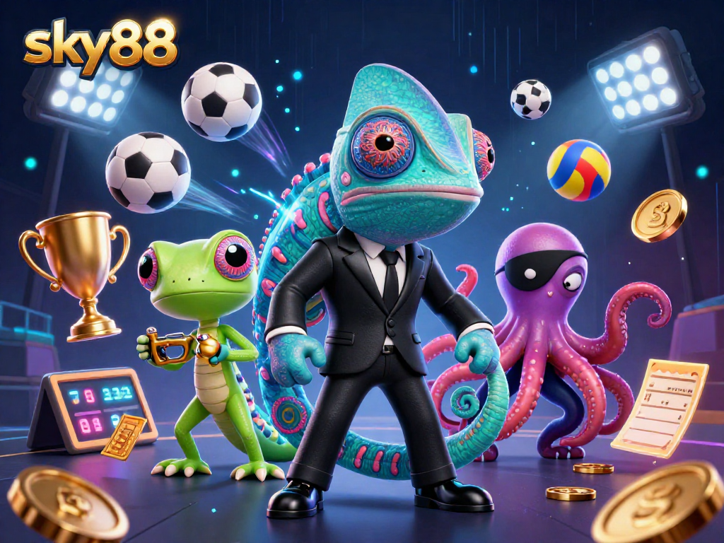 Watch the thrilling 3D illustration of sky88 featuring a playful chameleon and friends in a dynamic sports betting scene.