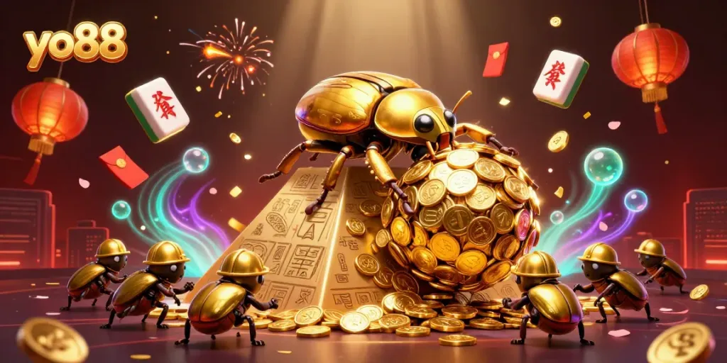 Experience the thrilling games at yo88 with a unique 3D casino adventure, featuring vibrant golden elements and dynamic characters.