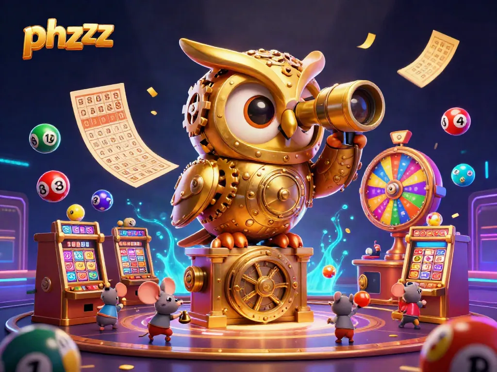 Experience excitement with phzzz as the golden owl surveys a vibrant casino scene.