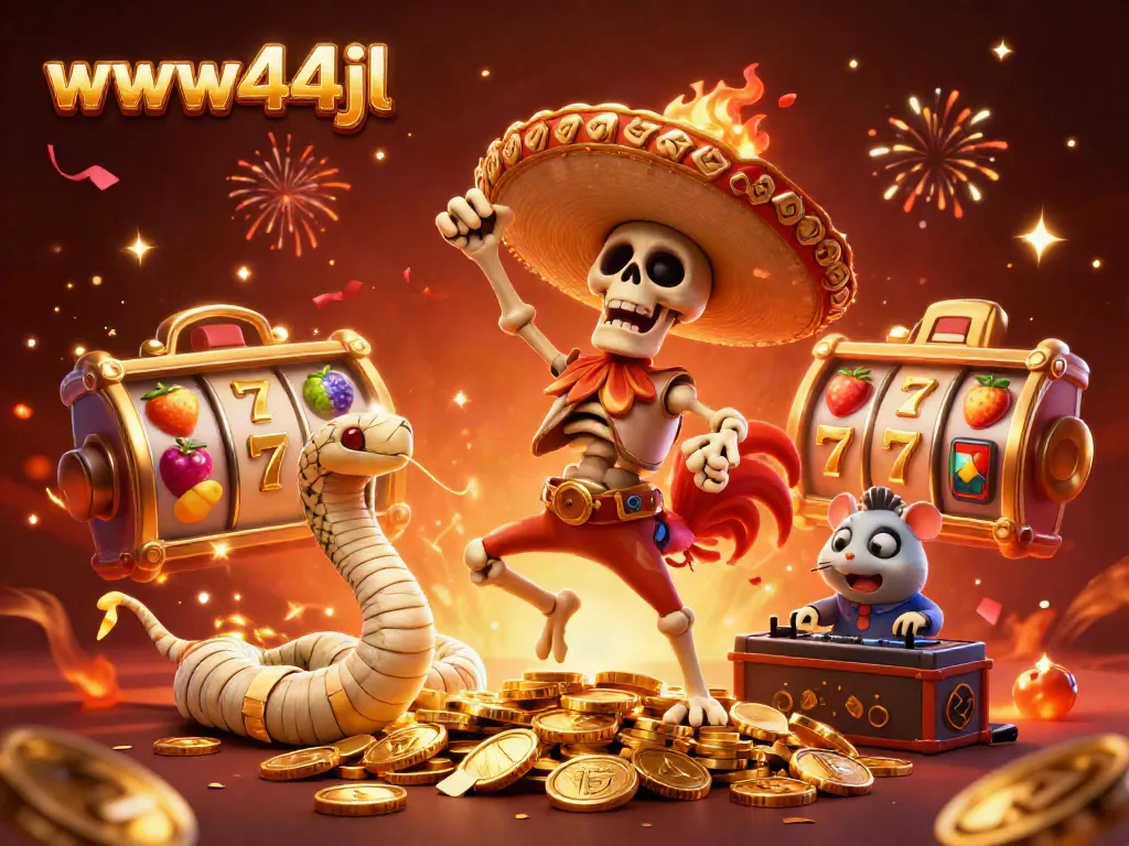 Experience vibrant wins with www44jl's festive slot celebration featuring a mariachi rooster and a DJ hamster.
