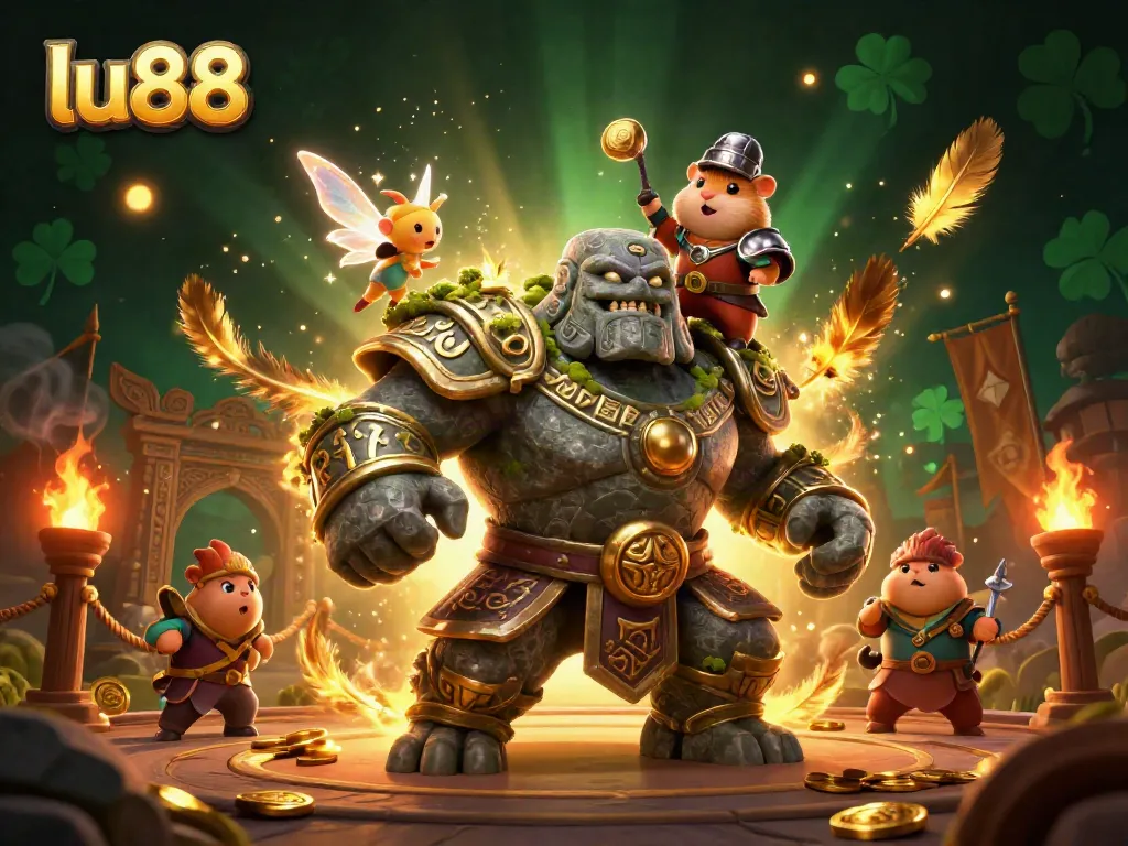 lu88 brings thrilling adventures with a guardian golem, fairy, and hamster knight in an enchanting casino scene.