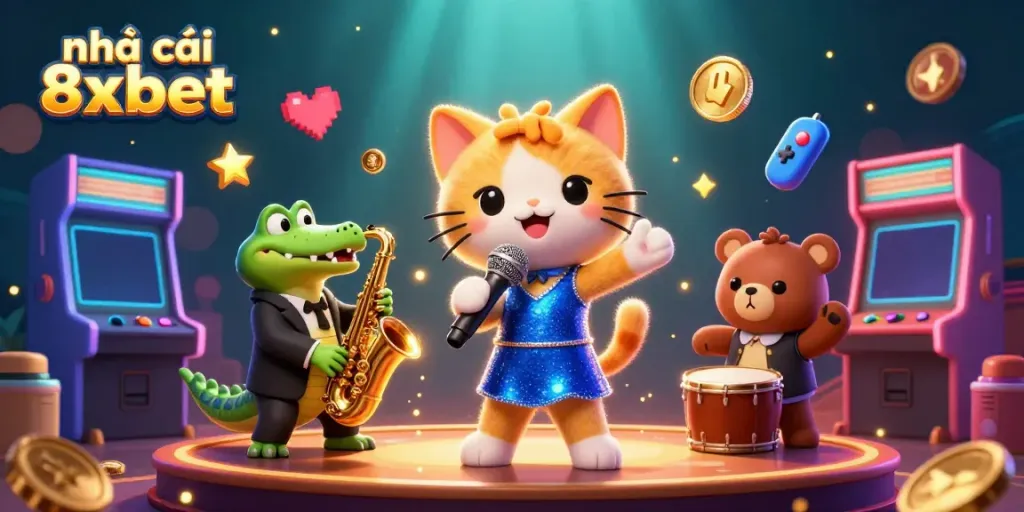 Engage with nhà cái 8xbet in a vibrant 3D casino scene featuring a jazz-singer cat, saxophone-playing crocodile, and drum-playing bear.