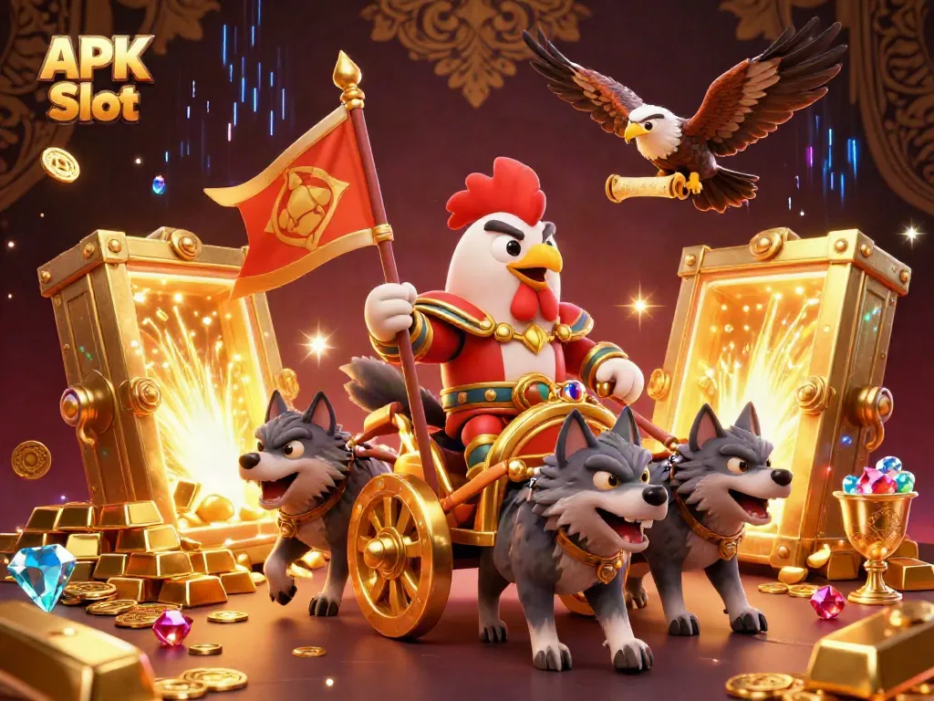Experience the thrilling APK Slot world with a golden war chariot and treasures in a vibrant 3D scene.