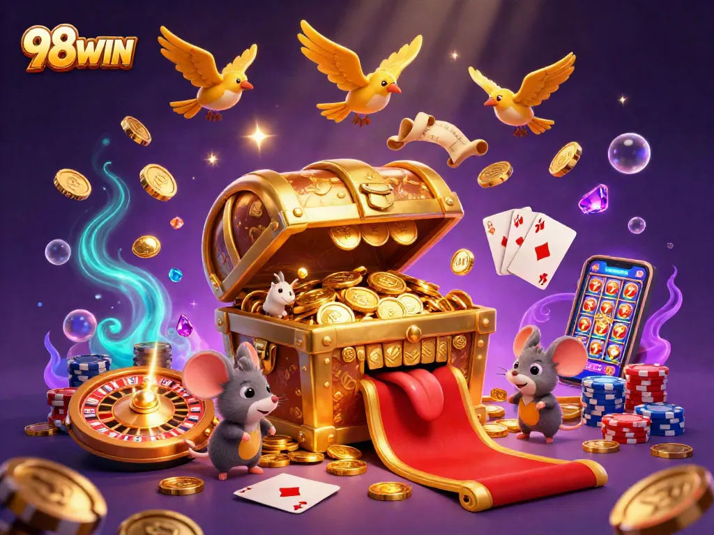 Experience riches and excitement at 98WIN with our vibrant 3D casino scene filled with treasures and games.