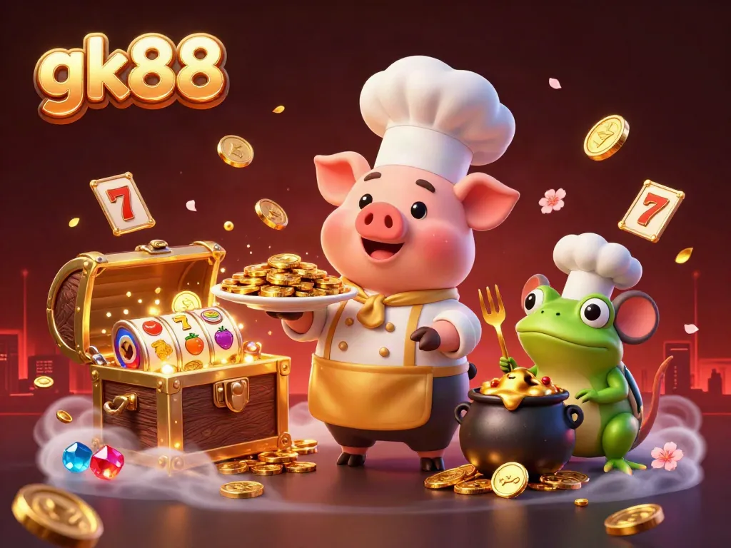 Engage with gk88 for a vibrant casino scene featuring a chef pig serving gold coins amidst slot reels and treasure.