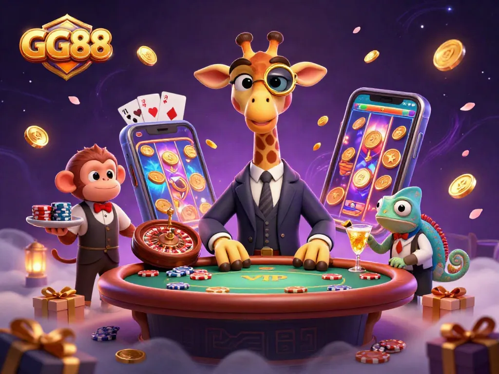 GG88 offers a vibrant casino experience with a high-roller giraffe, monkey valet, and chameleon bartender.