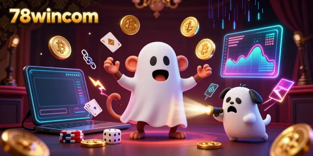 Experience thrilling casino entertainment with 78wincom as ghostly characters interact with golden game elements in a haunted setting.