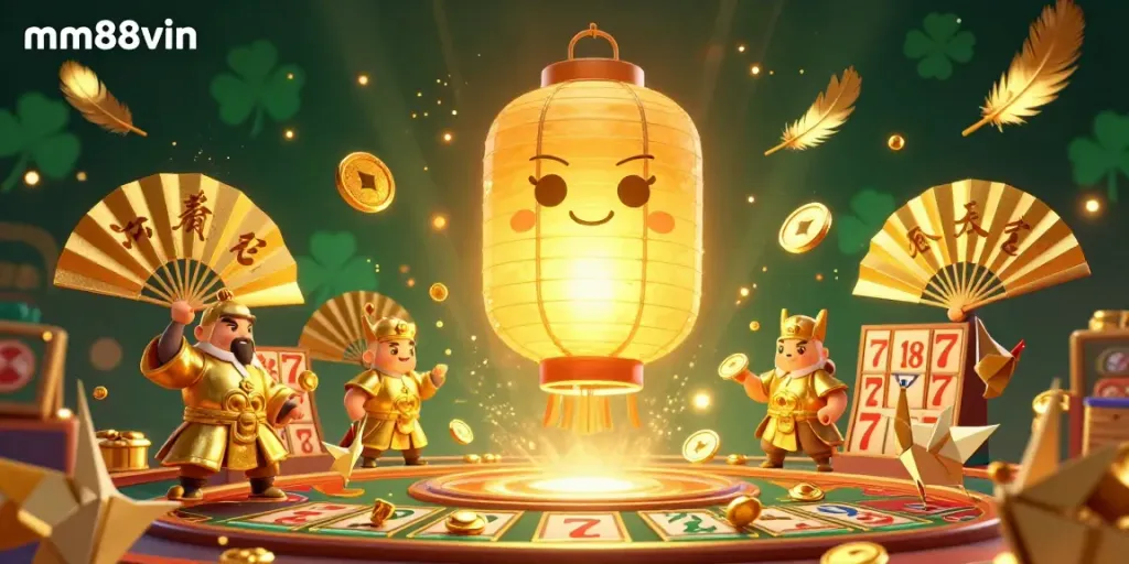 Experience the excitement of mm88vin with a stunning 3D casino illustration showcasing a golden lantern spirit and vibrant game elements.