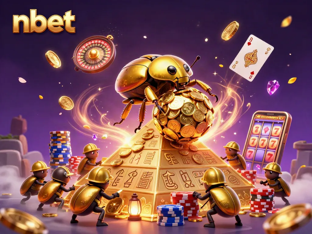 Experience exciting Keno gameplay at nbet with golden beetles rolling coins in a vibrant casino scene.