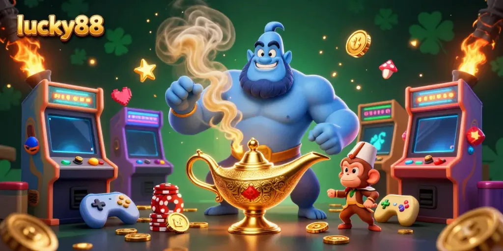 Experience the excitement of lucky88 with a vibrant 3D illustration of a genie, poker chips, and dynamic arcade game elements.