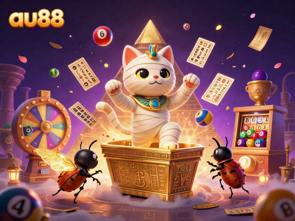 Experience thrilling fun at au88 with an Egyptian mummy cat in a vibrant casino scene.