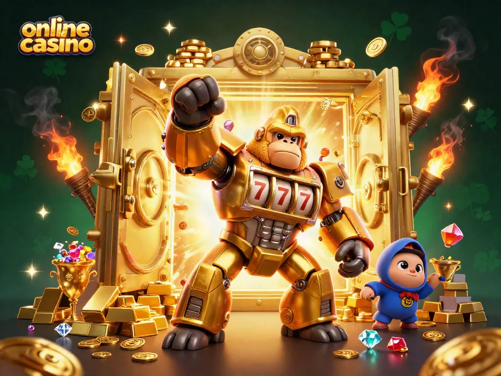 Experience the thrill of winning at online casino with a dynamic 3D gorilla mech and treasures.