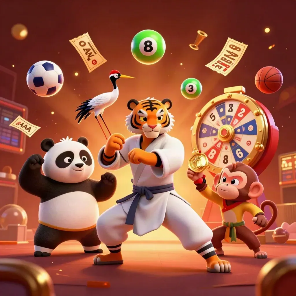 Kung-fu tiger, panda, and monkey amid casino props, glowing embers, and sports balls.