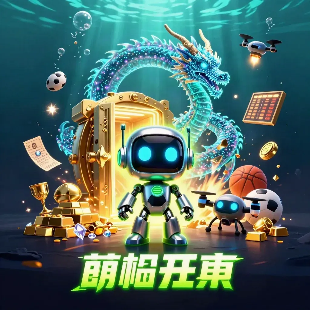 Cyberpunk robot, holographic dragon, and drone burst from a glowing underwater treasure vault.