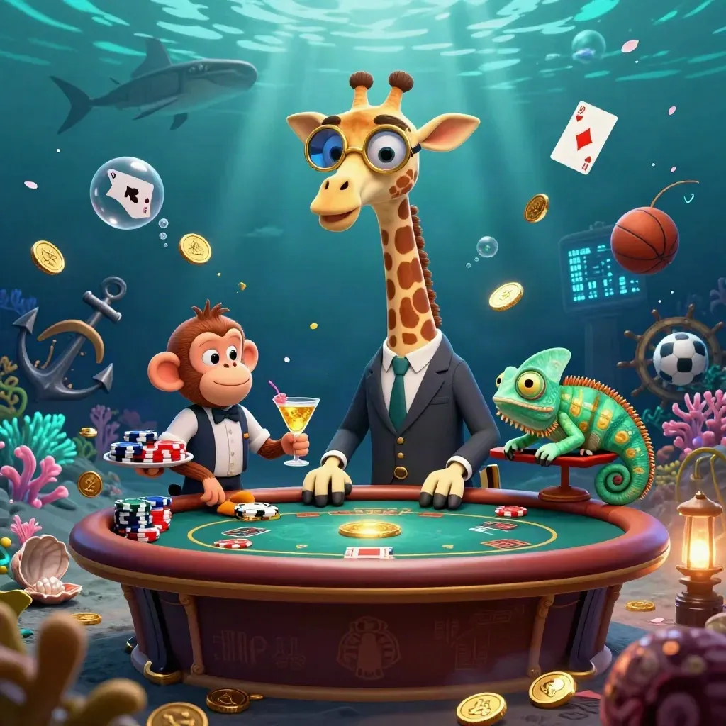 Ground-level underwater casino scene with giraffe, monkey valet, chameleon bartender, coins and coral