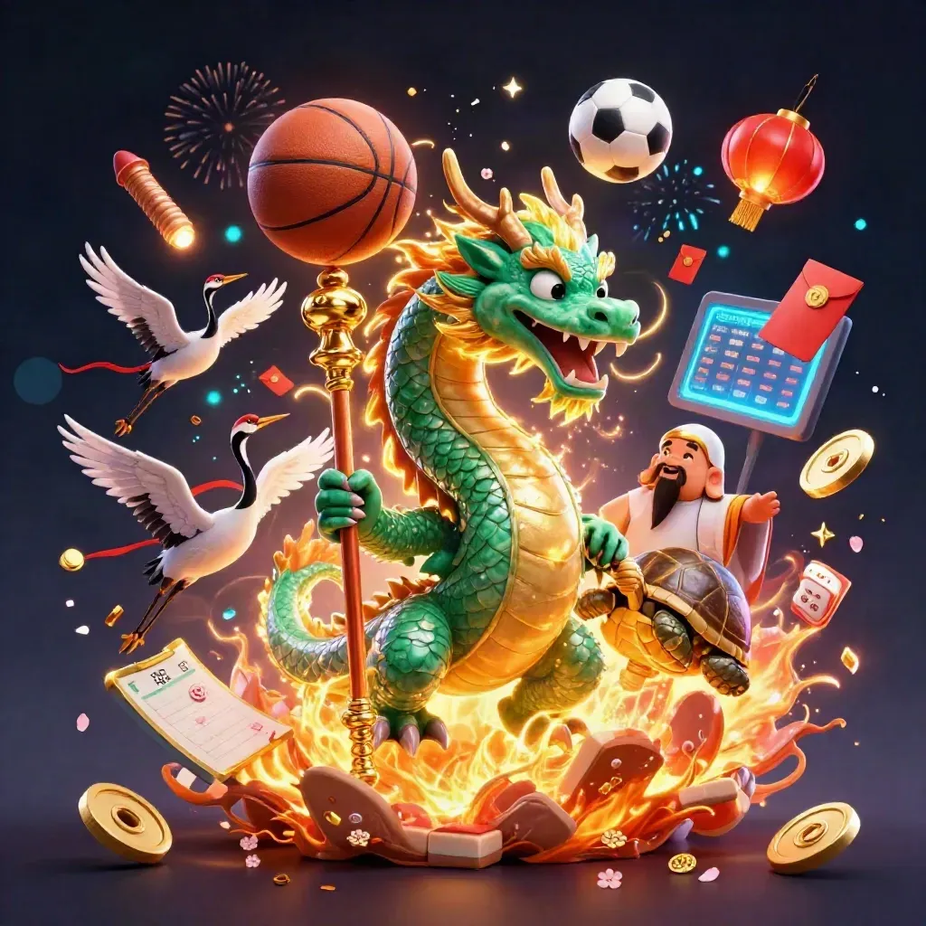 Jade dragon, turtle sage, and cranes amid balls, coins, lanterns, fireworks, and neon casino glow.