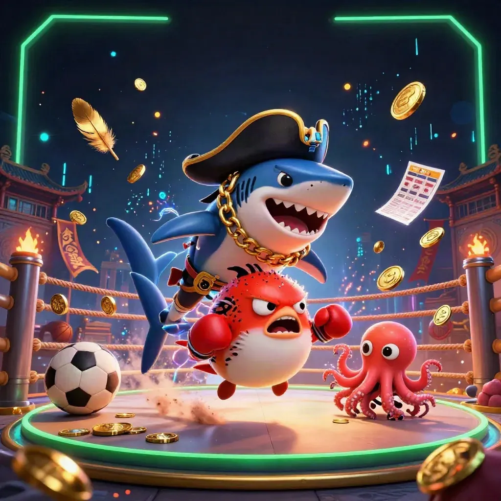 Pirate shark, boxing pufferfish, and coin-juggling octopus in a neon casino battle scene.